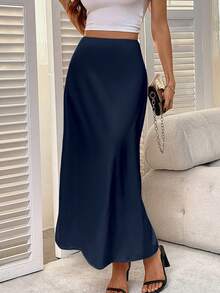 女士纯色优雅拉链开衩半身裙，缎面面料略带弹性，简约优雅，适合夏季穿着 - 藏蓝色 - 查看 5