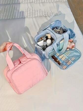 1 PIEZA Organizador de viaje de gran capacidad para maquillaje y artículos de tocador de niña con múltiples compartimentos - Estuche de cosméticos de nailon duradero con asa, 4 colores (rosa) para uso diario, viajes y almacenamiento, artículos esenciales para viajes, diseño elegante, construcción resistente