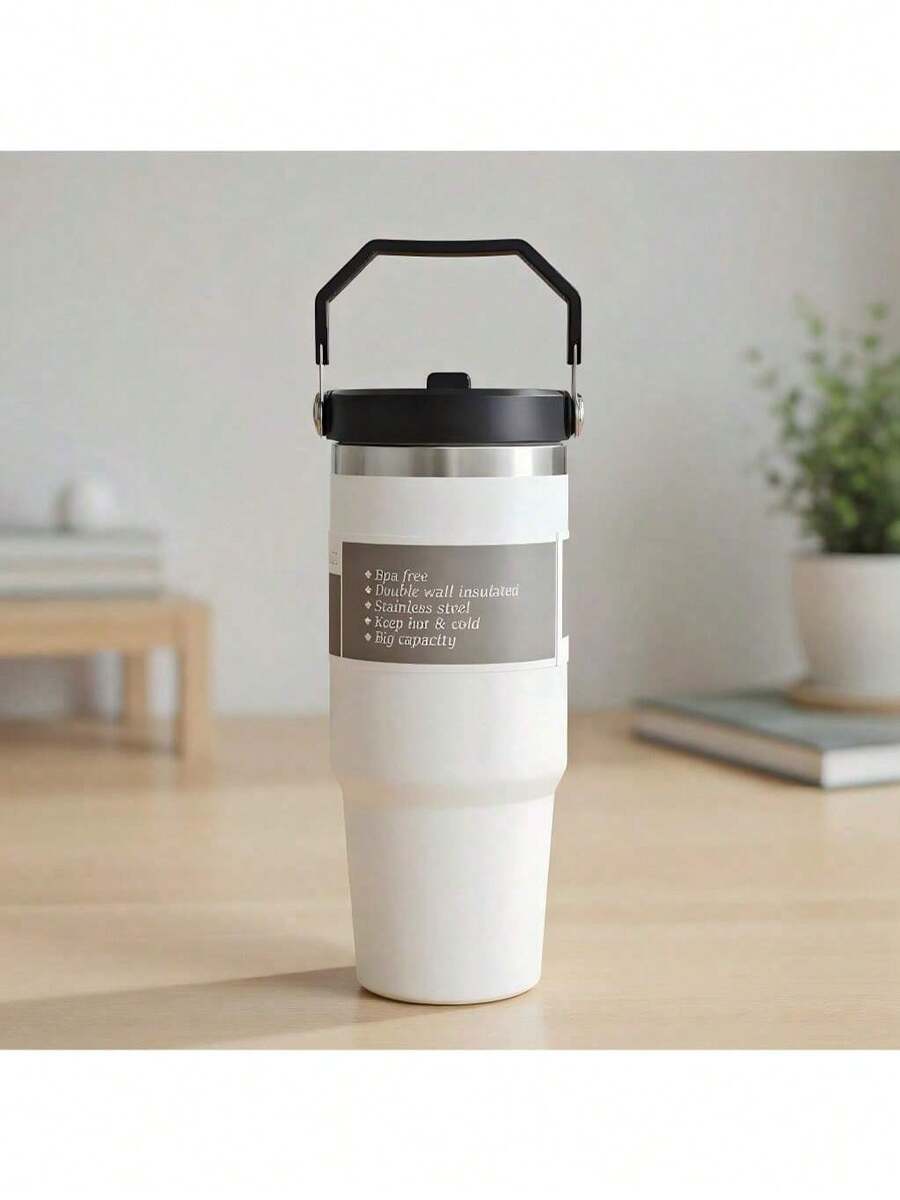 30 OZ Stainless Steel Tumbler With Straw, Vacuum Insulated Water Bottle For Home, Office Or Car, Reusable Cup With Straw Leak Resistant Flip - trắng - Xem 1
