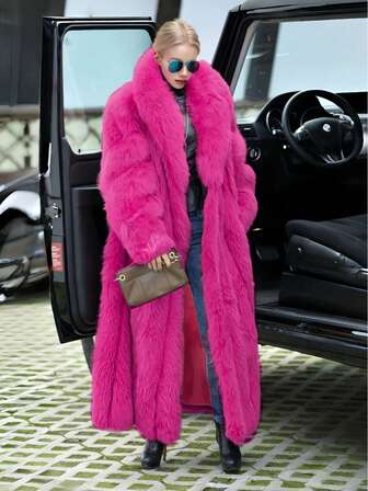 Lång rosröd fuskpälskappa för kvinnor, lös passform, vattenfallsringning och långa, vanliga ärmar, moderiktiga ytterkläder