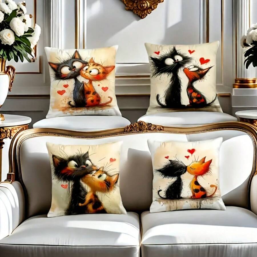4Pcs Modern Style Cat Lovers Single-Side Print Decorative Throw Pillow Covers, 17.7*17.7 Inches, Artistic Patterns Cat Polyester Pillow Cases, 2D Digital Printing, Machine Washable With Zipper, Suitable For All Room Types (No Insert) - Multicolor - View 1
