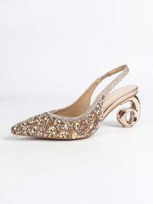 Zapatos de tacón alto para mujer. Punta afilada, parte superior totalmente cubierta de rhinestones, correa elástica en la parte trasera, forma de tacón única, cómodos. Rhinestones lujosos y brillantes, adecuados para fiestas, reuniones, bailes, compras, diversas ocasiones y festivales - Champán - Ver 11
