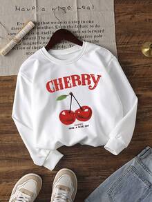 1pc Girls' Casual Cherry Print Crew Neck Sweatshirt, Thick Long Sleeve Student Pullover For Autumn/Winter