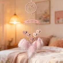 Atrapasueños de plumas con forma de corazón de cuentas de colores, decoración colgante para pared, dormitorio, sala de estar o hogar. - Rosa - Ver 4