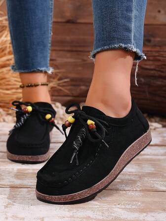 レース アップ ビーズ フラット ローファー レディース 無地、カジュアル & 通勤、スリッポン、春/秋
