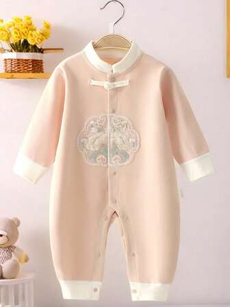 婴儿连体衣，中国风新生男婴连体衣，无骨，米色，0-1岁，春秋/四季