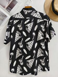 Men's Hawaiian Floral Beach Shirt, Summer Style, Short Sleeve, Button-Down, 100% Viscose Fabric (Shrinks A Little). - 黑色 - 查看 3