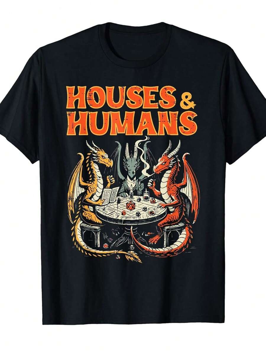 Camiseta divertida de juego de rol para hombres - Diseño inspirado en de batalla entre dragón y humano - Camiseta gráfica de rol de mesa d20 audaz - Camiseta casual para fanáticos de D&D, noches de juegos de mesa y convenciones - Ropa geek lavable a máquina con cuello redondo, ajuste regular, impresión de fantasía vibrante, regalo perfecto para entusiastas de juegos de rol - Negro - Ver 1