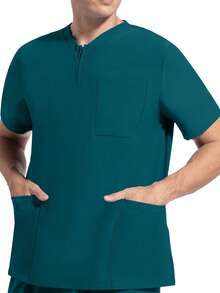 Men Short Sleeve Elastic Work Uniform, Veterinary/Pet Grooming Salon Service Shirts With Pockets, Breathable & Stretchy