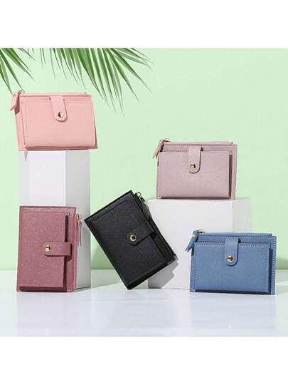 Women's Ultra-Short Wallet, Zipper Double Fold Credit Card Wallet, Coin Purse, Solid Color Wallet