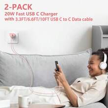 PD Charger 20W Fast Charging Type-C Power Adapter With 1 USB C To C Data Cable (Length: 3.3FT/6.6FT/10FT) Compatible With IPhone 17,16,15 Pro Max,WithSamsung Fast Charging Cable Phone Charger High Output Power - EU C Type Plug(220-240V) - View 2