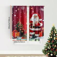 2PCS Festive Santa Claus And Christmas Tree Printed Curtains - Red, Digital Printed Polyester Curtains With Rod Pocket, Suitable For Living Room, Bedroom, Kitchen, And Festive Decoration, Christmas Curtains