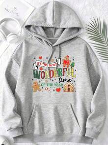 Christmas Hoodie Gray Its The Most Wonderful Time Of The Year Gingerbread House And Cookie Print Holiday Sweatshirt Women Winter Casual Wear - Grey - View 2