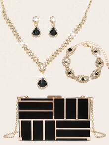 Modische elegante Party Mini Gold Satin Metallnetz Tasche - Schwarz - Übersicht 11