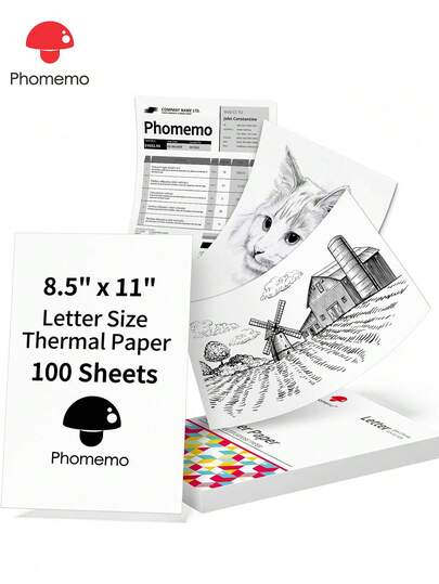 Phomemo Phomemo 1 Packung US Letter Größe Thermopapier für M08/M832/M833/M834/MP831 - 1 Packung US Letter Größe Papier mit 100 Stücke Thermoetikettenpaier innen, US Letter Größe, 8,5" X 11"/ 216mm X 279mm, Schwarz auf Weiß Ausdruck, tintenfreies Thermopapier für Geschäftsnutzung/ Büro/ Bauwesen/ Bauplan/ Zuhause, BPA/BPS-freies Thermopapier für Vertragsdruck