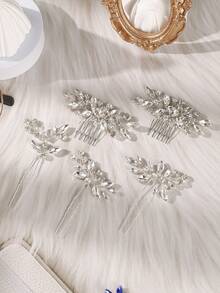 3件套水晶婚礼发饰套装，手工水钻新娘发夹，伴娘发饰 - 銀色 - 查看 15