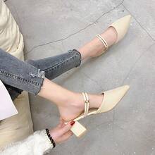 Sandalias de mujer con tacón medio grueso, punta afilada y rayas. Sandalias semidescubiertas con tejido transpirable. - Beis - Ver 2