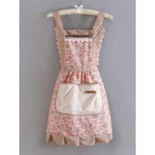 1pc Country Floral Pattern Cleaning Apron, Women's Vintage Floral Kitchen Apron For Adults, Floral Print Ruffle Apron, Kitchen, Bathroom, Home Furnishings - Màu xanh lam - Xem 3