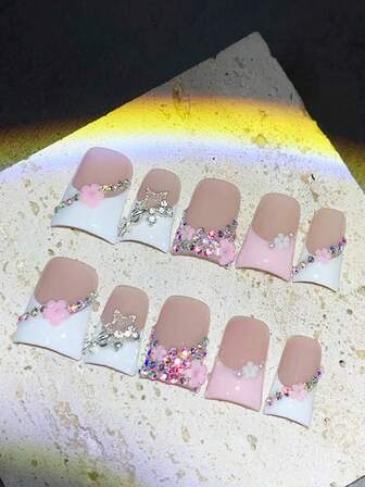 Juego de 10 uñas postizas de estilo bohemio con diseños de flores rosas y diamantes de colores, de acabado brillante y con efecto 3D, para una apariencia elegante y estilizada de los dedos