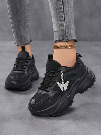 Rund tå snörning sportskor, Färgblock bokstäver lätta andningsbara grova sneakers, Halksäkra slitstarka sport utomhus löparskor vardagsskor