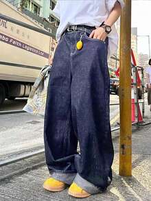 1件男士复古水洗宽松直筒牛仔裤，休闲街头风男女通用阔腿裤（不含腰带和配饰）