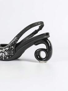 Women's High Heel Shoes. Pointed Toe, Fully Rhinestoned Upper, Elastic Strap At Back, Unique Heel Shape, Comfortable. Luxurious, Sparkling Rhinestones, Suitable For Parties, Gatherings, Balls, Shopping, Various Occasions And Holidays. Elegant Buckle Pumps For Commuting And Parties - Black - View 7
