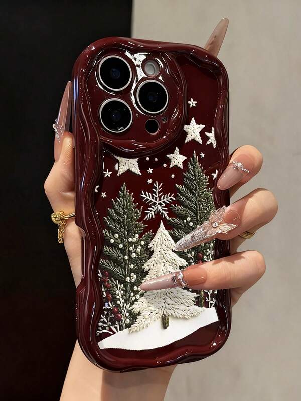 Christmas Tree Painted Cartoon Cute Bear Painted Flat Printing Cream Burgundy Wavy Edge Painted Soft Shell Suitable For IP17/IP17PROMAX/Iphone16//Iphone16pro/Iphone16promax/Iphone15/ XR /7p8p/P12promax/P13promax/P14PROMAX /P13/P14/P11/P12/P14 Women Soft Anti-Fall XS/S/XSMAX/78GES2/ Cute Fashion Thick Phone Case Cover