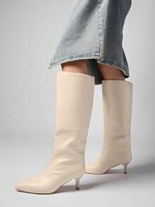 Fall/Winter Button Patchwork Convertible Knee-High Boots, 2025 Summer New Sexy High Heel Fashion Boots For Women, Pointed Toe Stiletto,Kitten Heels - Beige - View 2