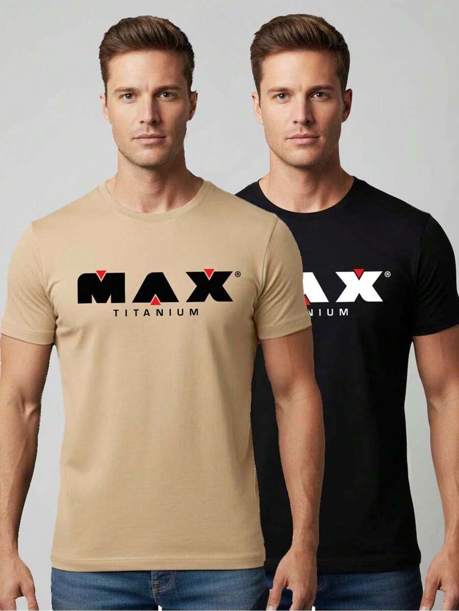 Kit 2 Camisetas Masculina 100% Algodão Tshirt Max T Vestuario Moda Verão Basica Dia a Dia - Bege - Visão 1