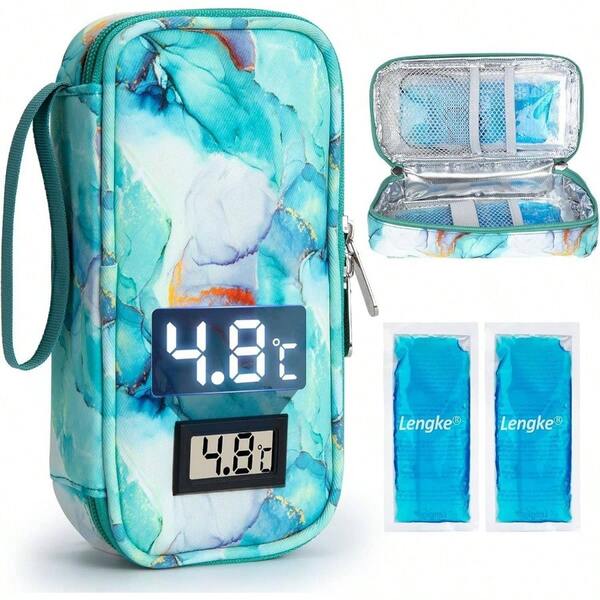 High - Capacity Cooler Travel Case With Temperature Display, 8 - 10h Insulated Diabetic Medication Cooler Bag With 2 Packs, Waterproof Injection Travel Case 4 - 5 Pens Marble Green
