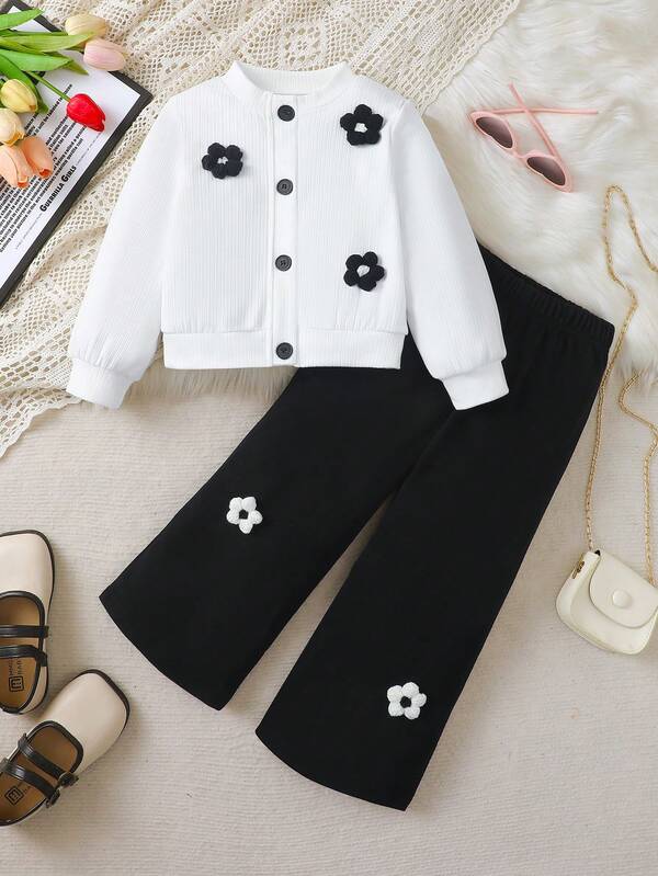 Two Pieces Girls' Three-Dimensional Flower Decoration Jacket Paired With Casual Pants, Fashionable And Elegant In Autumn And Winter