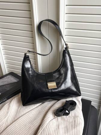 Korean Fashion Oiled Wax Leather Shiny Baguette Bag For Women, 2025 Autumn/Winter New Casual Versatile Soft Leather Shoulder Crossbody Bag