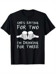 Funny Pregnancy Announcement Beer Lover's T-Shirt - "She's Eating For Two I'm Drinking For Three" Men's Tee - Black Shirt With White Print - Regular Fit Short Sleeve Round Neck - Machine Washable Casual Gift For Expecting Fathers, Pregnancy Shirts, Humorous Gift Apparel, Playful Text Design, Comfortable Casualwear, Expectant Dad Shirt, Breathable Fabric, Dad To Be - Black - View 3
