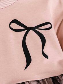 1 件女童蝴蝶装饰柔软针织撞色网眼长袖中长连衣裙，适合户外穿着，秋冬 - 藕粉色 - 查看 5