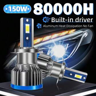 2pcs 6000K White 100,000 Lumens 150W LED Car Headlight Bulbs H4 H1 H7 H11 9005/HB3 9006/HB4 High Low Beam All-In-One Headlamp - Super Bright 300m Lighting Distance, 12V Plug & Play, Aluminum, Indoor Wiring, Suitable For Vehicles