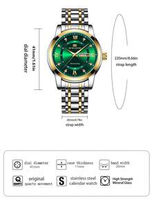 1pc Men's Quartz Watch, 41mm Classic Luxury Diamond Calendar Clock, Green/Blue/Gold/Silver/Black Stainless Steel Dial, Genuine Quartz Movement, 3 Bar Water Resistant, Business Style, Exquisite Couple Watch - Green - View 5