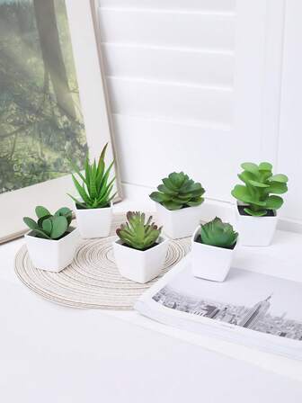 1 pieza/6 piezas Plantas suculentas artificiales mini en macetas blancas - Macetas de plantas mini verdes realistas adecuadas para escritorio, estantería, alféizar de la ventana, decoración, plantas artificiales multifuncionales para el hogar, jardín y ambiente de fiesta todo el año.