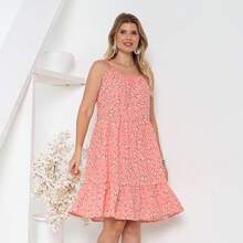 All-Over Floral Print, Ruffled Hem, Beach Style. - Hồng - Xem 2