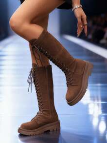 Women's Winter Over-The-Knee Boots, Black Boots, Brown Boots, Front Lace-Up Round Toe Thick Sole Tall Boots, Side Zipper Design Boots, Everyday Commute High Shaft Boots