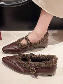 Black Versatile Color Block Pointed Toe Chunky Heel Pumps, New 2025 Korean Version Metal Buckle Mid-Heel Mary Jane Shoes For Women,Fur Shoes - Brown - View 5