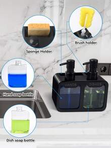 2件套皂液器套装，包含洗手液和洗洁精、海绵架和刷架，四合一双头皂液器套装，双头手动按压式液体储存盒带排水功能，适用于浴室、厨房，1/2件 - 彩色 - 查看 9