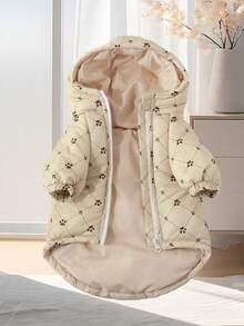 1pc Soft & Cute Pet Dog Apparel, Fashionable Design, Comfortable Soft Material, Dotted Rhombus Pattern, Paw Print Graphic, Hooded Winter Coat, Versatile For Spring, Autumn & Winter, High-Quality & Stylish