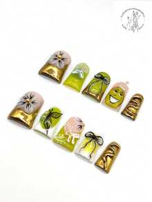 Bộ 10 miếng dán móng tay thủ công, dài 25mm, màu hồng và trắng, đầu mạ vàng, nền trắng hiệu ứng cổ điển, hoa trắng nổi, nhân vật hoạt hình vẽ tay đội vương miện, nơ trang trí, bướm vẽ tay trên đá đính. Thích hợp cho trang phục thường ngày và du lịch. Dụng cụ làm móng - Nhiều màu - Xem 3