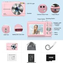 4400MP 全高清 1080P 紧凑型数码相机，16 倍光学变焦，附赠 32GB SD 卡和挂绳，适合初学者的口袋相机（粉色） - 粉色 - 查看 9