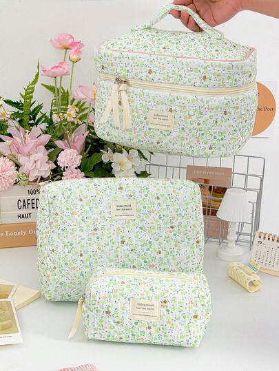 1pc Green Corduroy Floral Portable Travel Makeup Bag, Fashion Casual Large Capacity Zipper Cosmetic Bag, Travel Storage For Stationery, Vacation Essential Makeup Bag, Can Hold Earphones, Chargers, Lipsticks, Cosmetics, Perfumes, Skincare, Home Decor, Suitable For Moms, Nurses, Students, Key, Holiday Gift