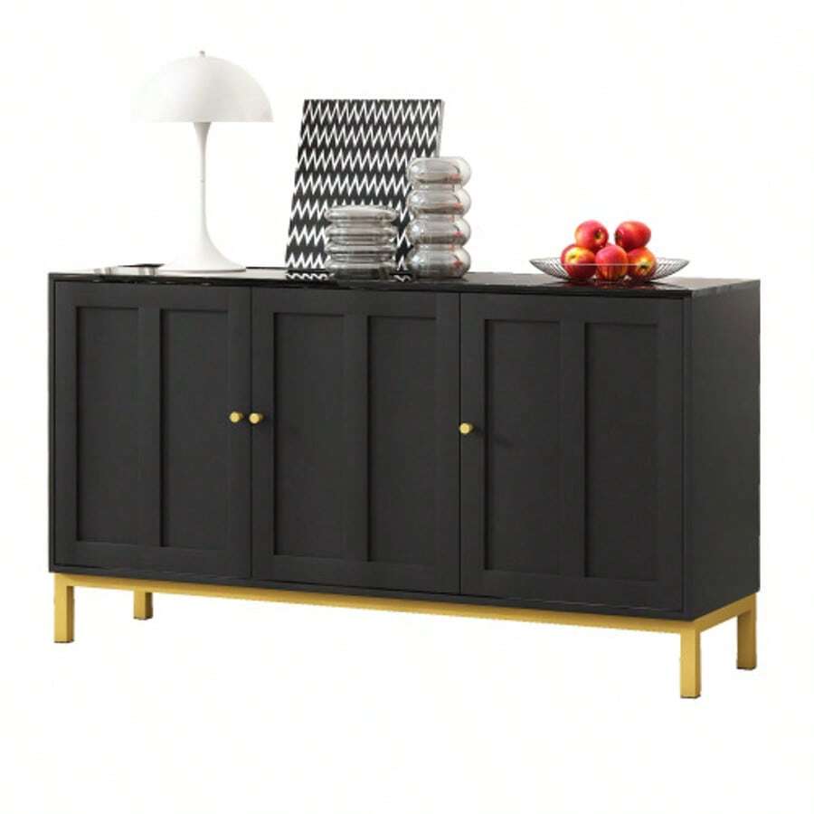 Stylish, Elegant 3-Door Sideboard With Marble Tabletop For Kitchen, Living Room, And Dining Room (Black) - 黑色 - 查看 1