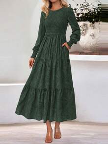 Women Floral Long Sleeve High Waist Polka Dot Smocked A-Line Flowy Boho Maxi Dresses Spring Fall Autumn Holiday Vacation Valentine Dress Outfits - 墨綠色花 - 查看 4