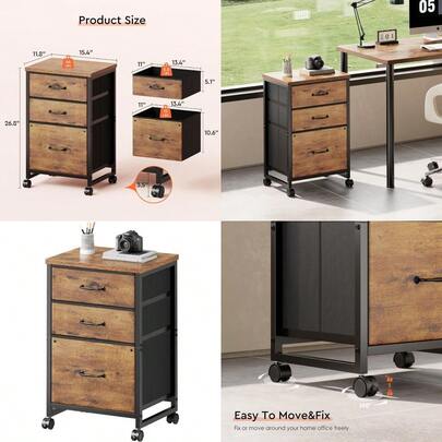 3 Drawer Mobile File Cabinet With Wheels Fabric Vertical Filing Cabinet Fits A4 Or Letter Size For Home OfficeRustic Brown2