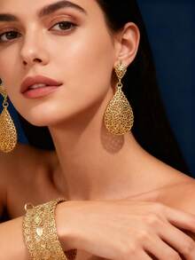 1 Set Vintage Style Evil Eye & Lucky Eye Hollow Carved Bangle Bracelet Matched With Teardrop Pendant Earrings, Middle Eastern Wedding Party Festival Jewelry Set