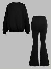 Bộ 2 quần ống loe và áo nỉ họa tiết da báo và nơ cho bé gái tuổi teen, trang phục thường ngày thoải mái và thời trang, trang phục trở lại trường - màu đen - Xem 4